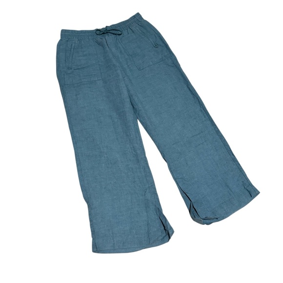Athleta Retreat Linen Wide Leg Pant Pull On Drawstring Teal Beach Casual Size 8 - Picture 3 of 7